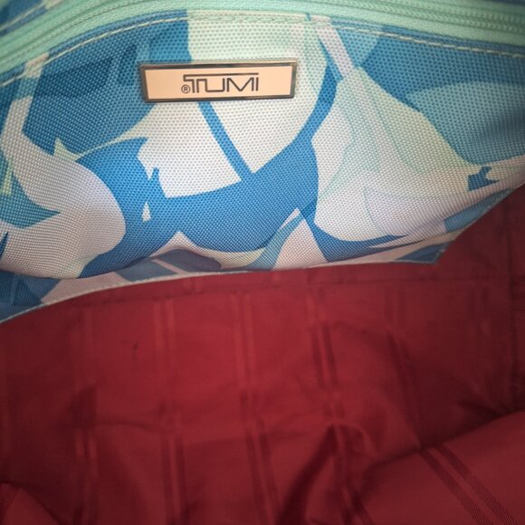 Tumi Womens Open Top Tote Handbag Double Strap, Blue  Leaf Canvas, Leather Trim - Picture 9 of 12